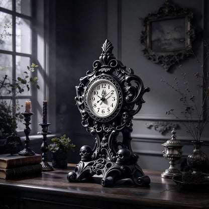 Halloween Skull Wall Clock - Resin Skeleton Tabletop Clock, Black Variant