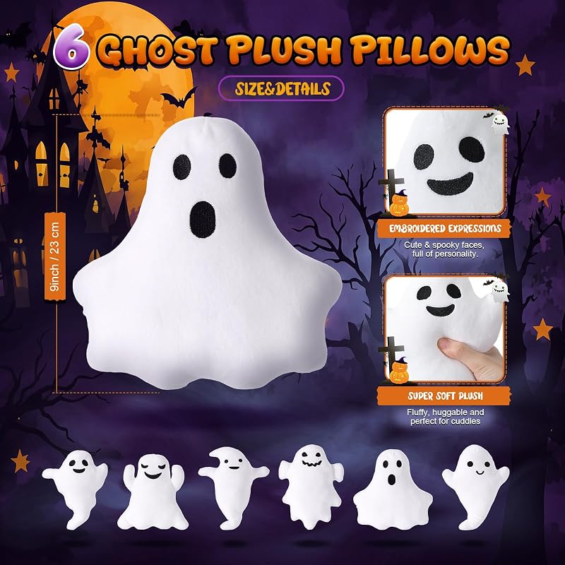 9-Inch Ghost Plush Toy Set - 6 Pack Halloween Decorative Stuffed Animals