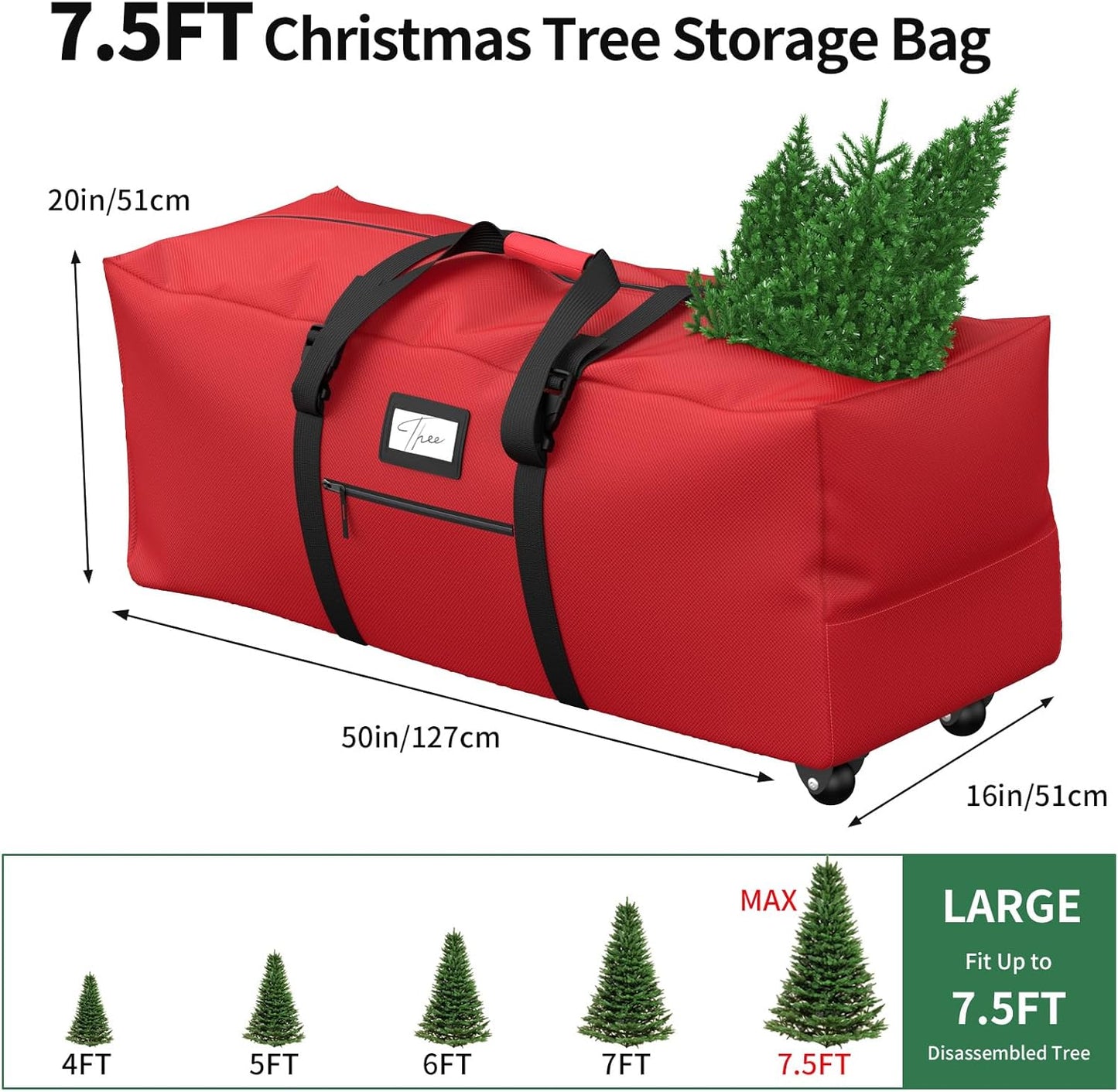 Rolling Christmas Tree Storage Bag - Extra Large Fits Up to 7.5 ft Trees | Dust & Moisture Resistant (Red)