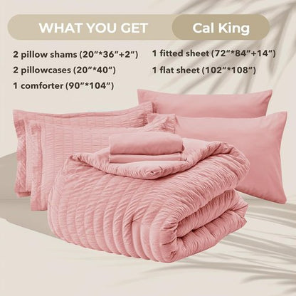 HYMOKEGE Rose Pink California King Comforter Set - 7-Piece Luxury Bedding Set for All Seasons