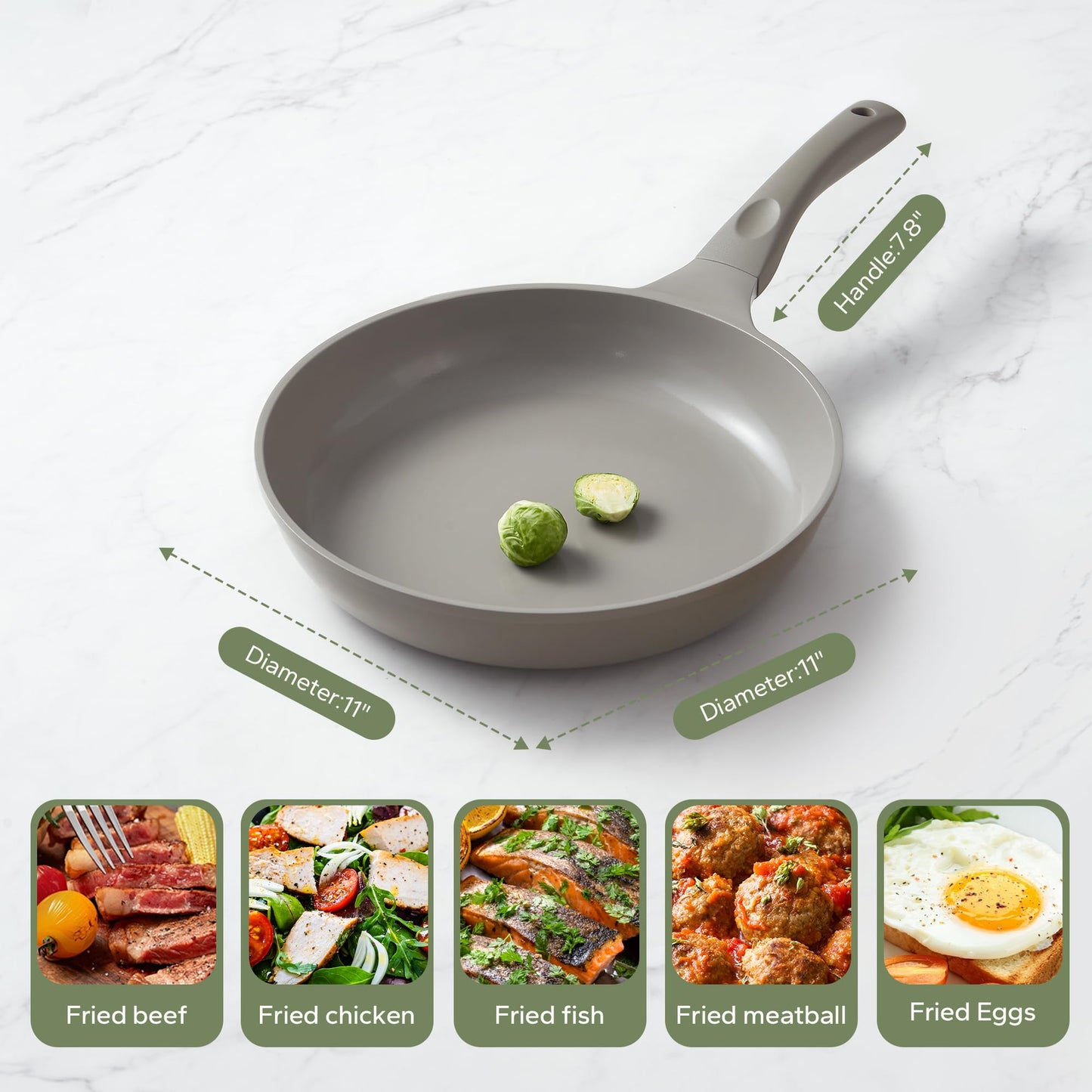 Redchef Non Stick Frying Pans, Ceramic Pan, Non-toxic Healty Skillet Omelet Pan with Heat-Resistant Handle, PFOA & PFAS Free, Compatible with All Stovetops, Dishwasher Safe, Even Heating, Gray, 11"