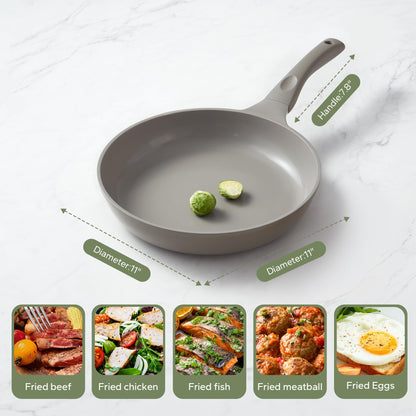 Redchef Non Stick Frying Pans, Ceramic Pan, Non-toxic Healty Skillet Omelet Pan with Heat-Resistant Handle, PFOA & PFAS Free, Compatible with All Stovetops, Dishwasher Safe, Even Heating, Gray, 11"