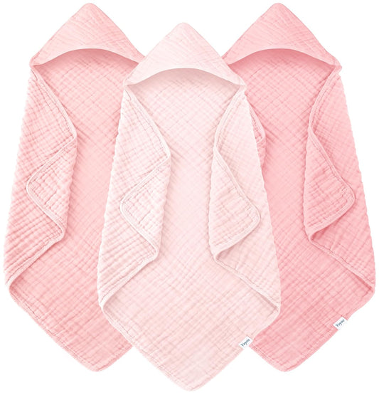 Skiennix Muslin Hooded Baby Bath Towels - Ultra-Soft 100% Cotton - 3 Pack, 32x32 Inch, Pink Series
