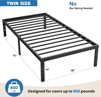 OLIXIS Metal Twin Bed Frame - 14-Inch High with Storage Space | Sturdy Steel Slat Support, 800LBS Capacity, Black