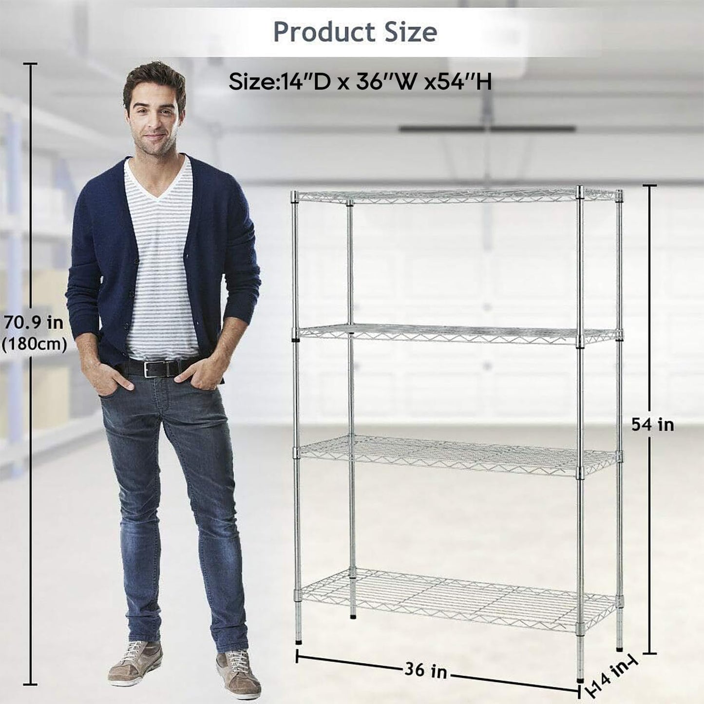 BestOffice | 4-Tier Wire Storage Shelves | Heavy-Duty Metal | 36x14x54 | Chrome Finish | No-Tool Assembly for Home & Garage