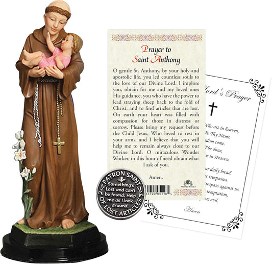 St. Anthony of Padua Statue - 5 Inch Figurine with Laminated Prayer Card & Pocket Token Set
