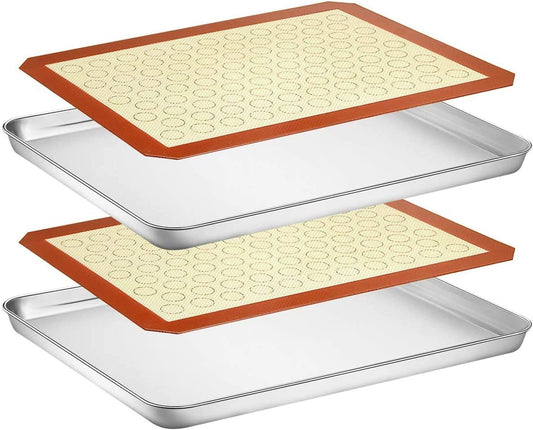 Wildone Baking Sheet Set - 4-Piece Stainless Steel Cookie Sheet with Silicone Mats | 18 x 13 Inch, Non-Toxic & Easy Clean
