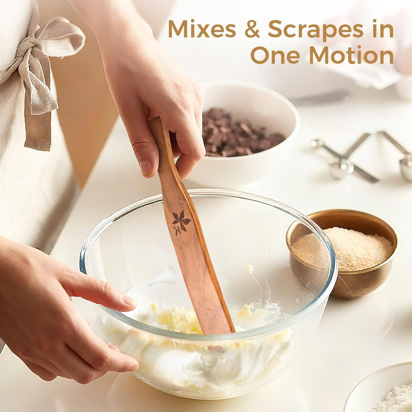 Skiennix Spurtle Set - 2 Pack Danish Dough Whisk & Jar Spatula - Solid Teak Wood Kitchen Utensils
