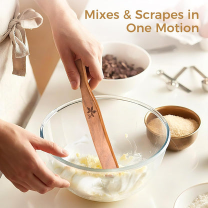 Skiennix Spurtle Set - 2 Pack Danish Dough Whisk & Jar Spatula - Solid Teak Wood Kitchen Utensils