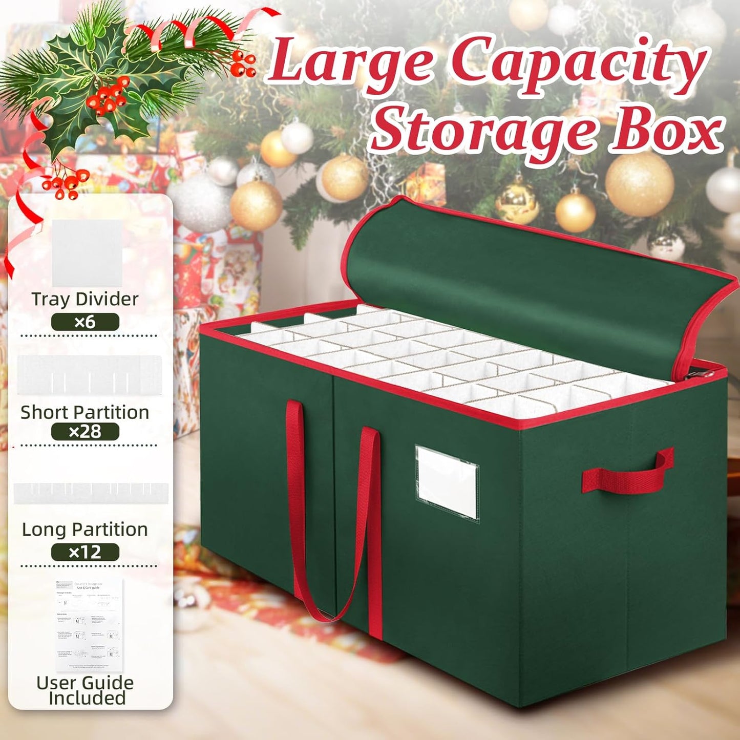 SeasonBliss Christmas Ornament Storage Box - Holds 128 Ornaments | Large, Sturdy Organizer with Zipper & Handles, Green