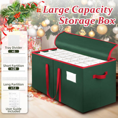 SeasonBliss Christmas Ornament Storage Box - Holds 128 Ornaments | Large, Sturdy Organizer with Zipper & Handles, Green
