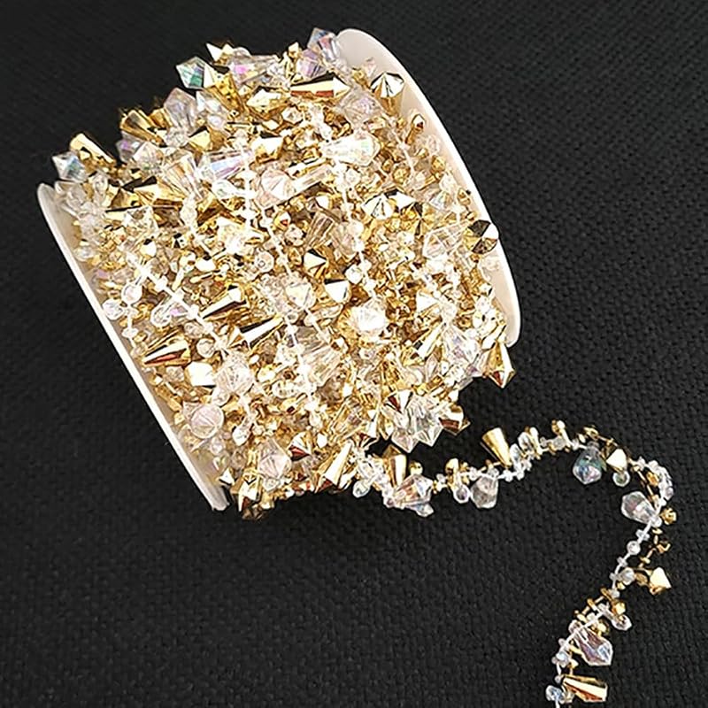 Crystal Bead Garland 16ft - Clear Iridescent & Gold Twist Bead String for Christmas Tree & Weddings