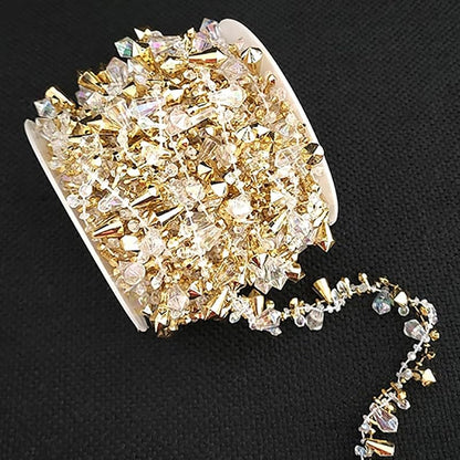 Crystal Bead Garland 16ft - Clear Iridescent & Gold Twist Bead String for Christmas Tree & Weddings