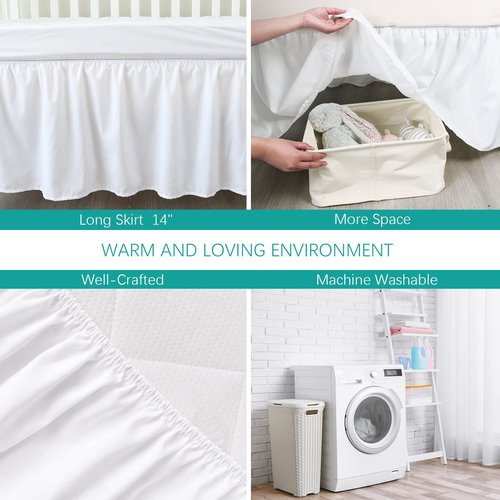 Crib Bed Skirt 28” x 52” with 14” Drop Pleated Dust Ruffle for Baby Boys Girls Elastic Adjustable Fit Toddler Bedskirt Easy On/Off Soft Nursery Standard Crib Bedding Skirts Solid White Crib Skirt