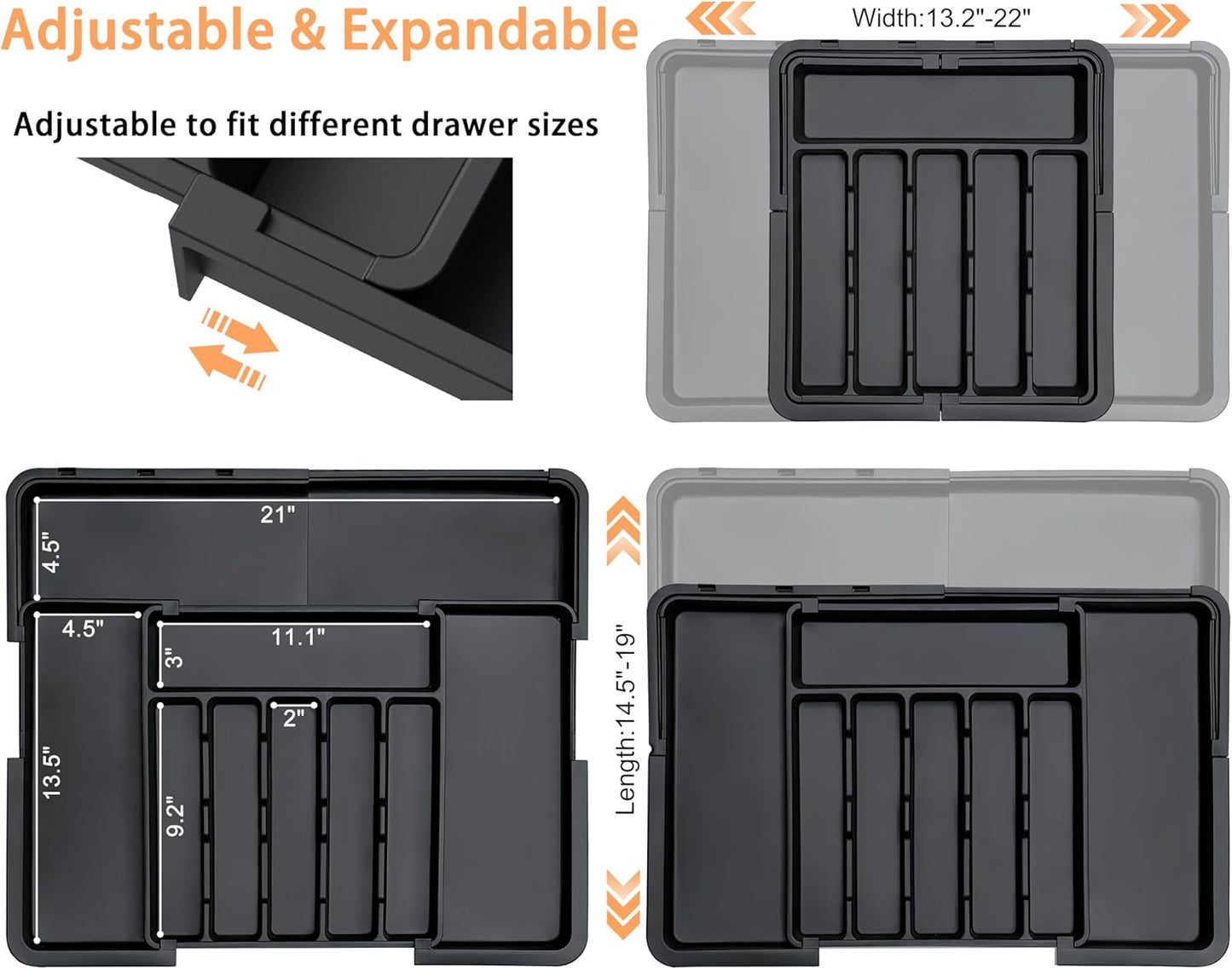 Spaclear Silverware Organizer - Expandable Kitchen Utensil Tray | Adjustable BPA-Free Cutlery Storage, Black