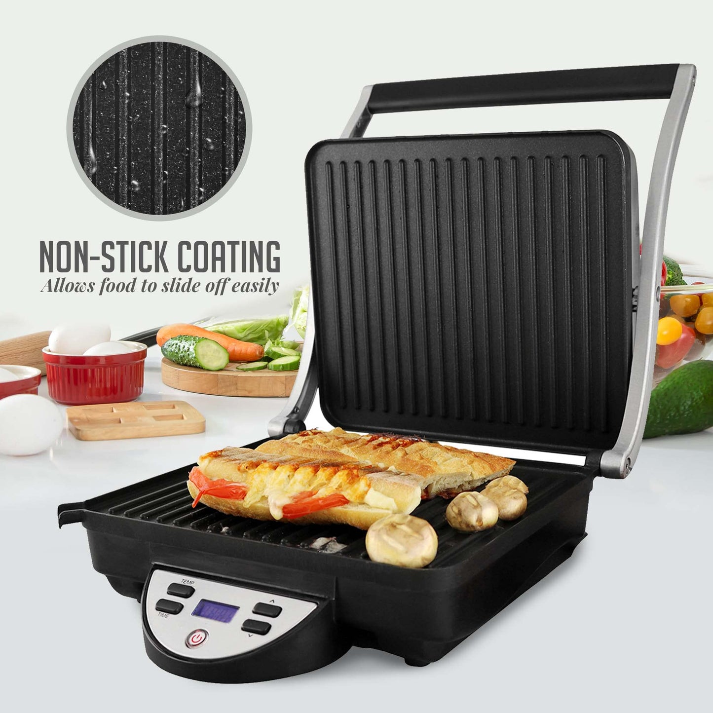 OVENTE Electric Panini Press Sandwich Maker, 1500W Indoor Grill with Nonstick Coated Plates, Digital Temperature and Timer Display, Removable Drip Tray, Perfect for 4-Slice Sandwiches, Silver GP1000BR