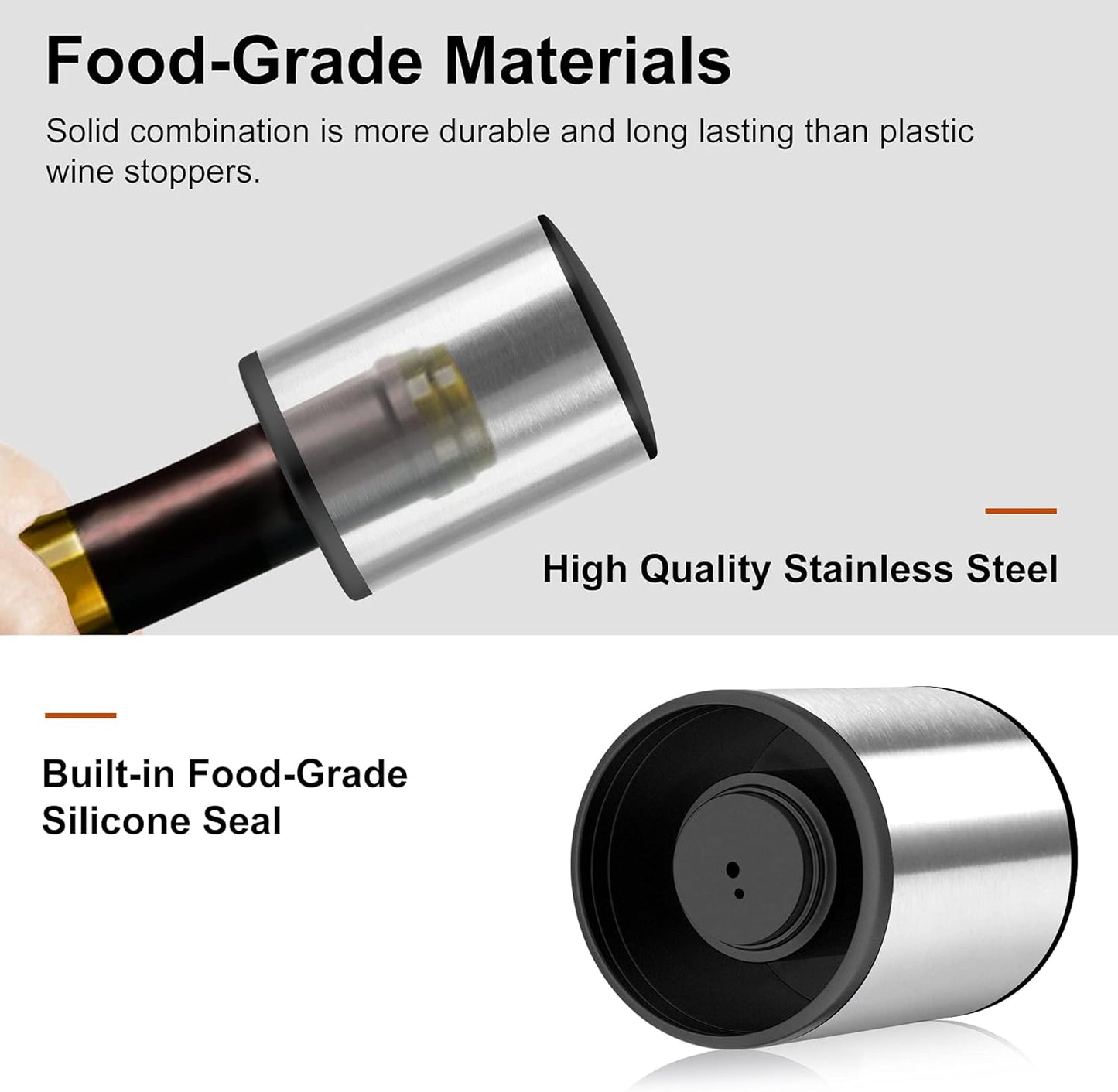 Wine Stopper - HOOMIL 𝟮 𝐏𝐚𝐜𝐤 Stainless Steel Vacuum Wine Bottle Stoppers, Reusable Wine Saver, Wine Accessories Gift for Friends, Family, Wine Lovers - Silver