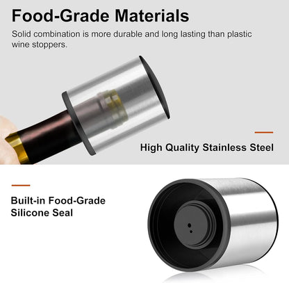 Wine Stopper - HOOMIL 𝟮 𝐏𝐚𝐜𝐤 Stainless Steel Vacuum Wine Bottle Stoppers, Reusable Wine Saver, Wine Accessories Gift for Friends, Family, Wine Lovers - Silver