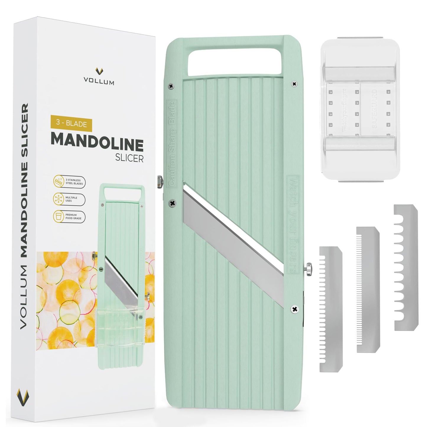 Vollum Narrow Mandoline Slicer for Kitchen – Professional Slicer Vegetable Cutter Japanese Mandoline Slicer with Interchangeable Stainless Steel Blades – Food Manual Slicer Handheld Mandoline Slicer