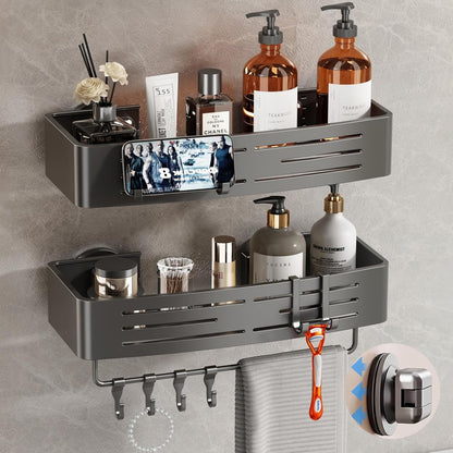Voldra Shower Caddy - Suction Cup Shower Shelves with Towel Bar & Hooks | No Drilling, Gray, 2 Pack