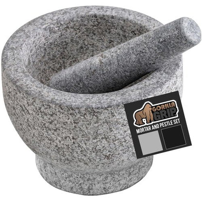 GORILLA GRIP Heavy Duty Mortar and Pestle Set - 100% Granite Stone Guacamole Bowl | 1.5 Cup Gray