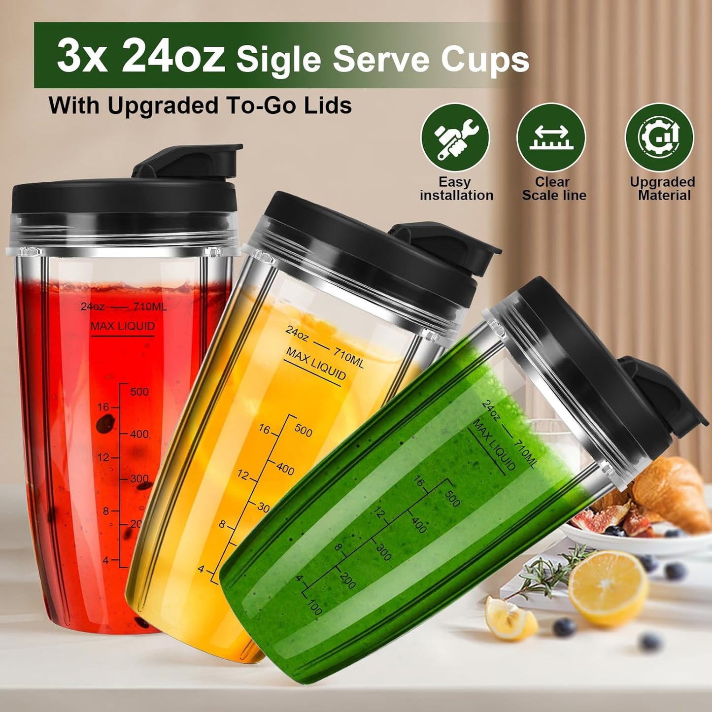 Ninja Blender Cups - 24oz Replacement Cups with To-Go Lids | Compatible with BN401, BL450 & More (3 Pack)