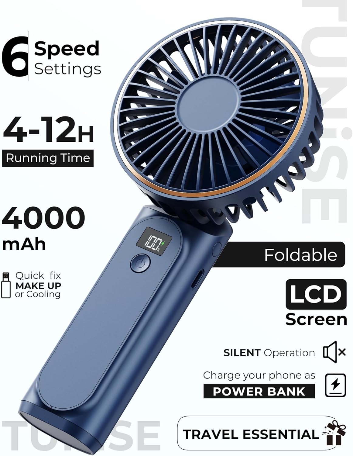 TUNISE Portable Handheld Fan - Rechargeable 4000mAh Battery | 180° Adjustable, 6-Speed, Quiet Design