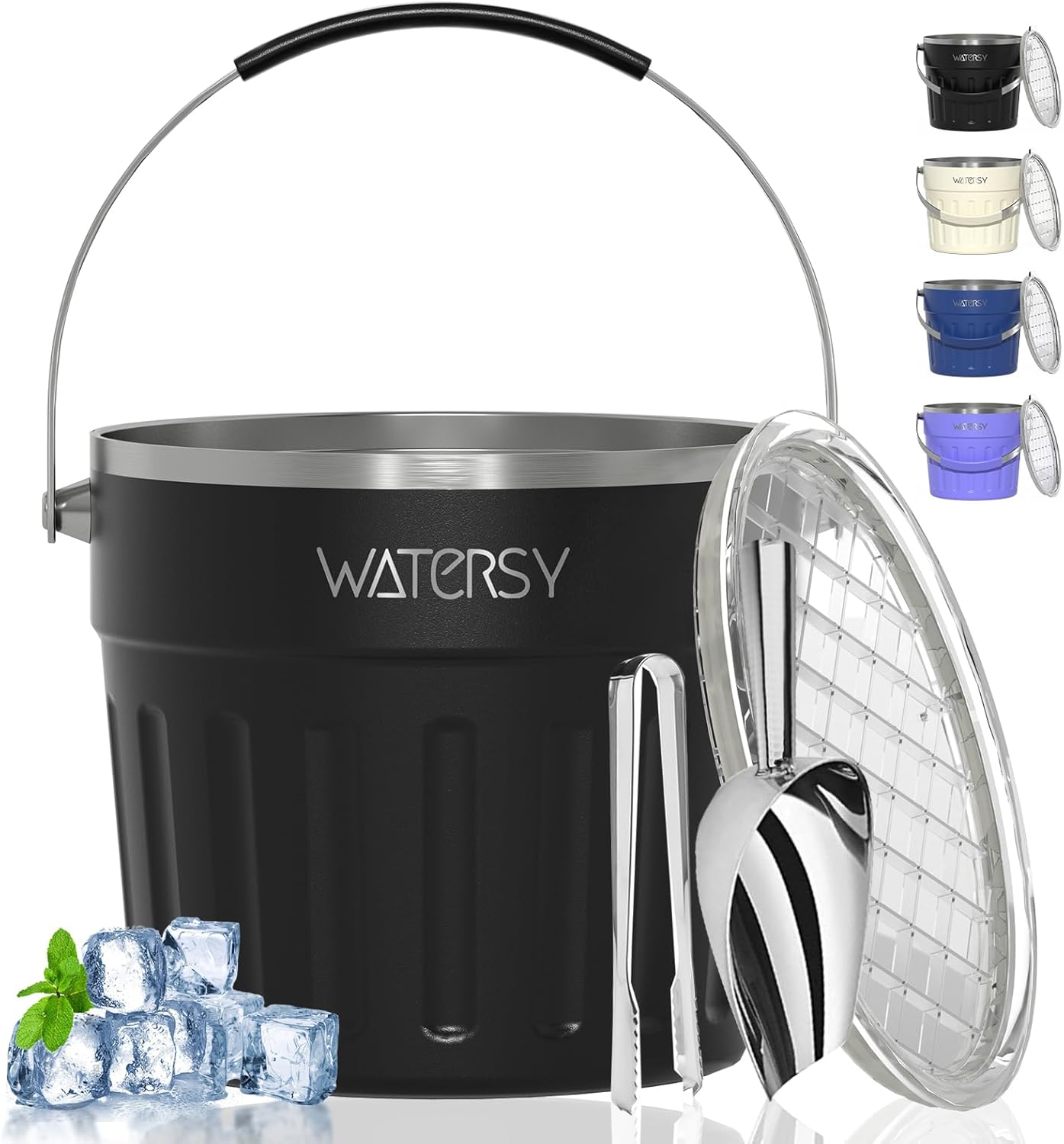 WATERSY Insulated Ice Bucket（8 Quart / 7.6 L） with Lid, Scoop, Ice Tong，Wall Vacuum Stainless Steel, Black