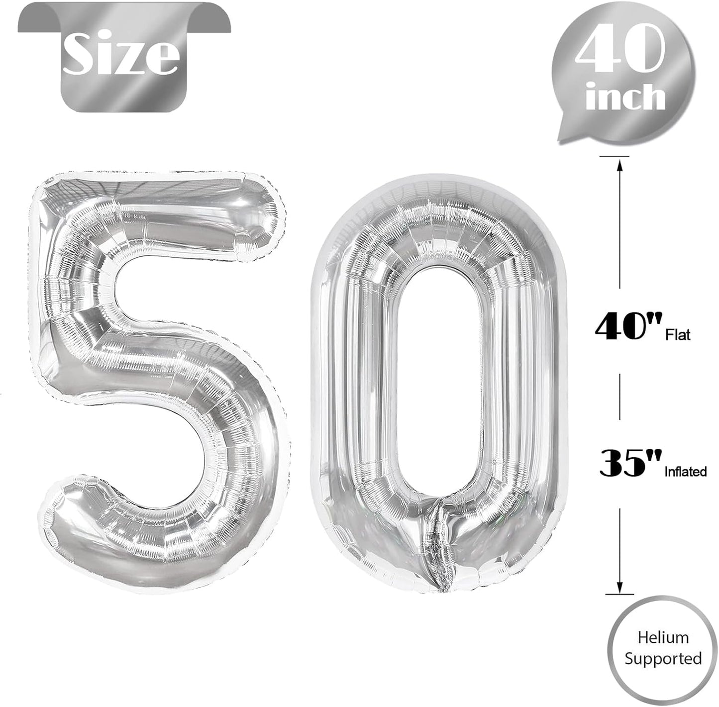 Silver Number 50 Balloon - 40 Inch Giant Foil Balloon for 50th Birthday Party Decorations