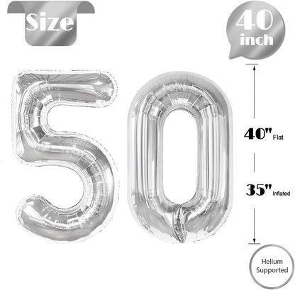 Silver Number 50 Balloon - 40 Inch 50th Birthday Decorations for Kids & Adults | Elegant Silver Party Supplies