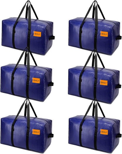 Skiennix Heavy Duty Moving Bags - Extra Large Storage Totes with Zippers & Sturdy Handles | 6 Pack, Blue