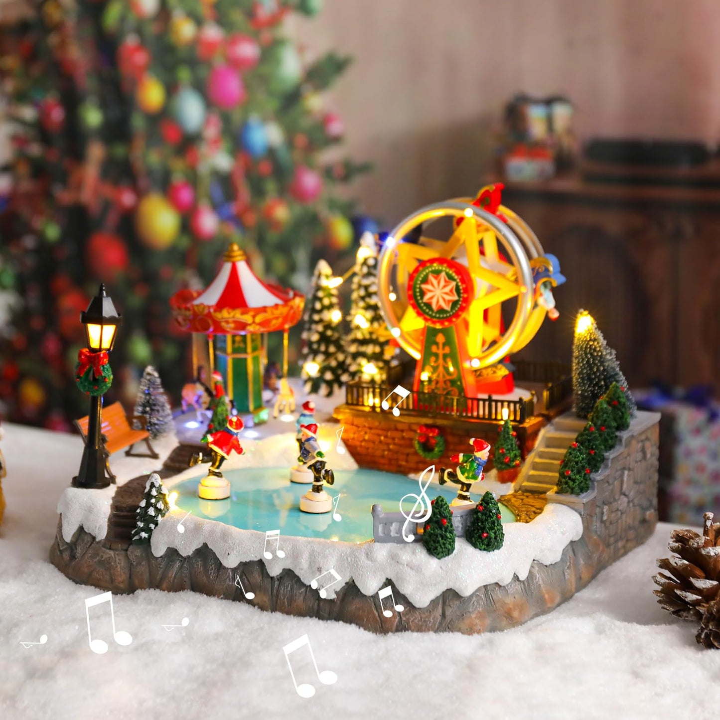 Christmas Village House Musical Christmas Collectible Buildings Amusement Park Carousel Skating Ferris Wheel with LED Lights Christmas Vacation Village with USB Indoor Figurines Decoration