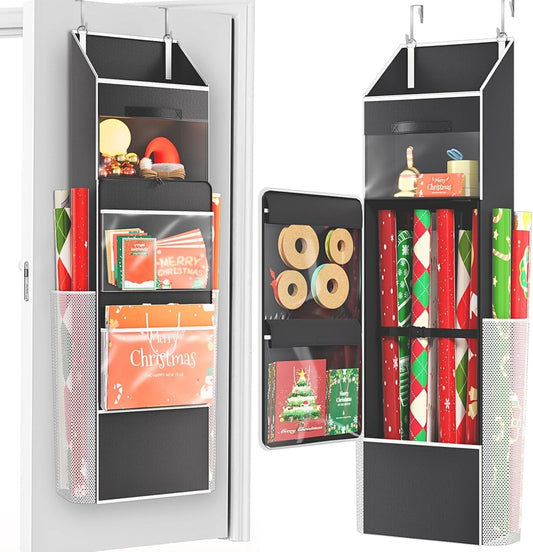 Ofiray Home 2-in-1 Wrapping Paper Organizer - Over Door or Under Bed Storage with Removable Drawer & 4 Clear Pockets