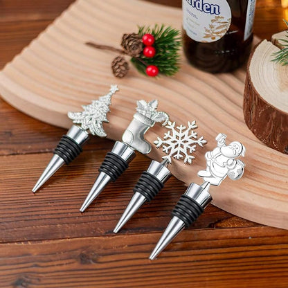 4 Pack Christmas Bottle Stoppers - Santa, Snowflake, Stocking & Tree (Silver) - Gift Box Holiday Set