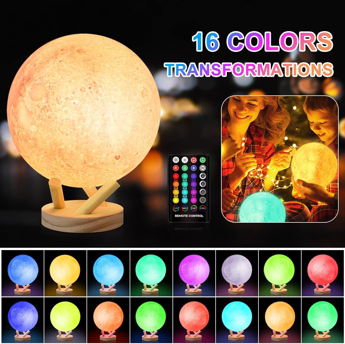 Moon Lamp - 6 Inch Sliding Control Night Light | 16 Colors with Unique Stand - Perfect Gift for Kids & Women