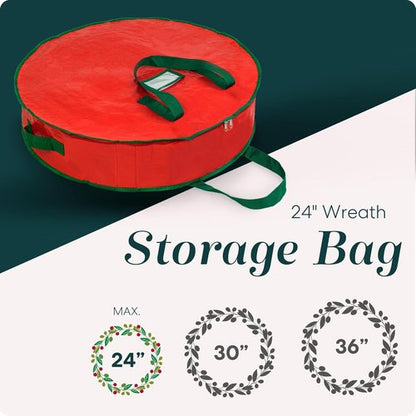 Handy Laundry Wreath Storage Bag - 24 Inch Durable Tarp Container with Zipper & Handles | Protects Holiday Decor, Fits Multiple Wreaths, Red