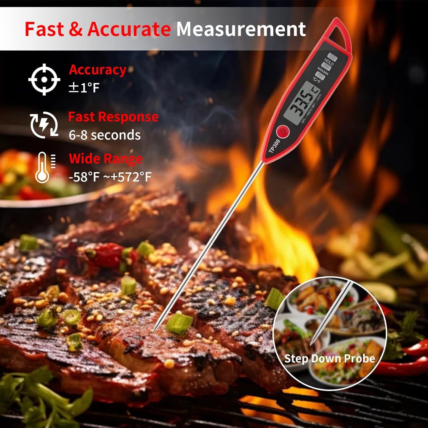 YFL Digital Meat Thermometer - Instant Read Cooking Thermometer with Large LCD Display for BBQ, Grill & Oven