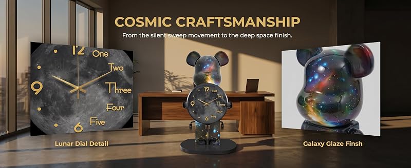 Large Galaxy-Themed Bear Figurine Clock – Desktop Timepiece, Quiet Battery-Powered