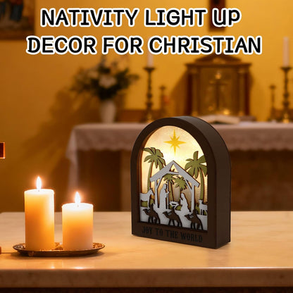 Wooden Nativity Scene - LED Christmas Decor with Acrylic Back Panel | Battery-Powered Tabletop Ornament