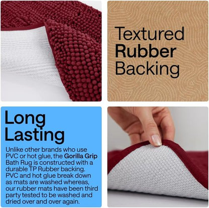 GORILLA GRIP Bath Rug Mat - Plush Absorbent Shaggy Chenille for Oval Toilet Base | Machine Washable, Burgundy