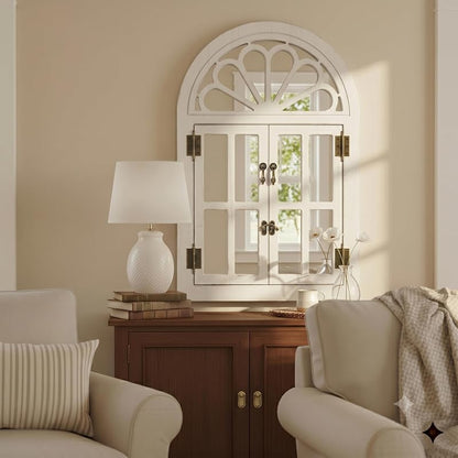 Arched Window Mirror with Petal Top - Farmhouse Wall Decor, 24" x 36" White