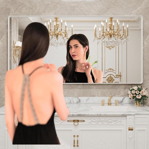LOAAO Large Rounded Rectangle Bathroom Mirror - 72x36 Inch White Metal Frame, Anti-Rust Tempered Glass | Versatile Horizontal/Vertical Hanging