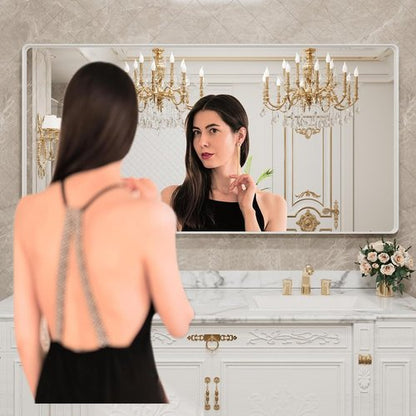 LOAAO Large Rounded Rectangle Bathroom Mirror - 72x36 Inch White Metal Frame, Anti-Rust Tempered Glass | Versatile Horizontal/Vertical Hanging