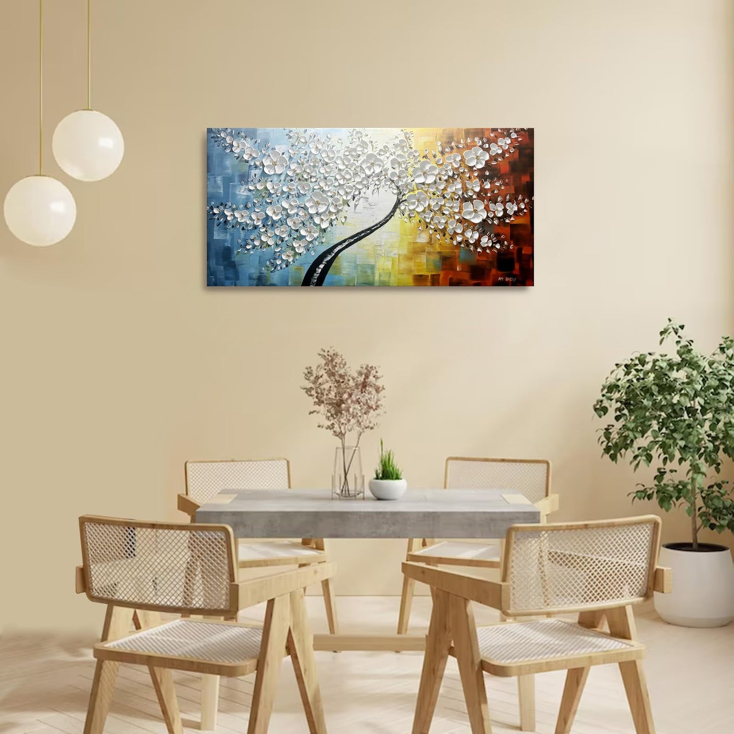 NEATKA 100% hand-painted Modern Hand Painted Abstract Lucky Tree Canvas Art Golden Flower 3D Oil Painting Canvas Modern Home Interior Decor Abstract Art 3D Flowers Paintings Ready to hang 24x48inch