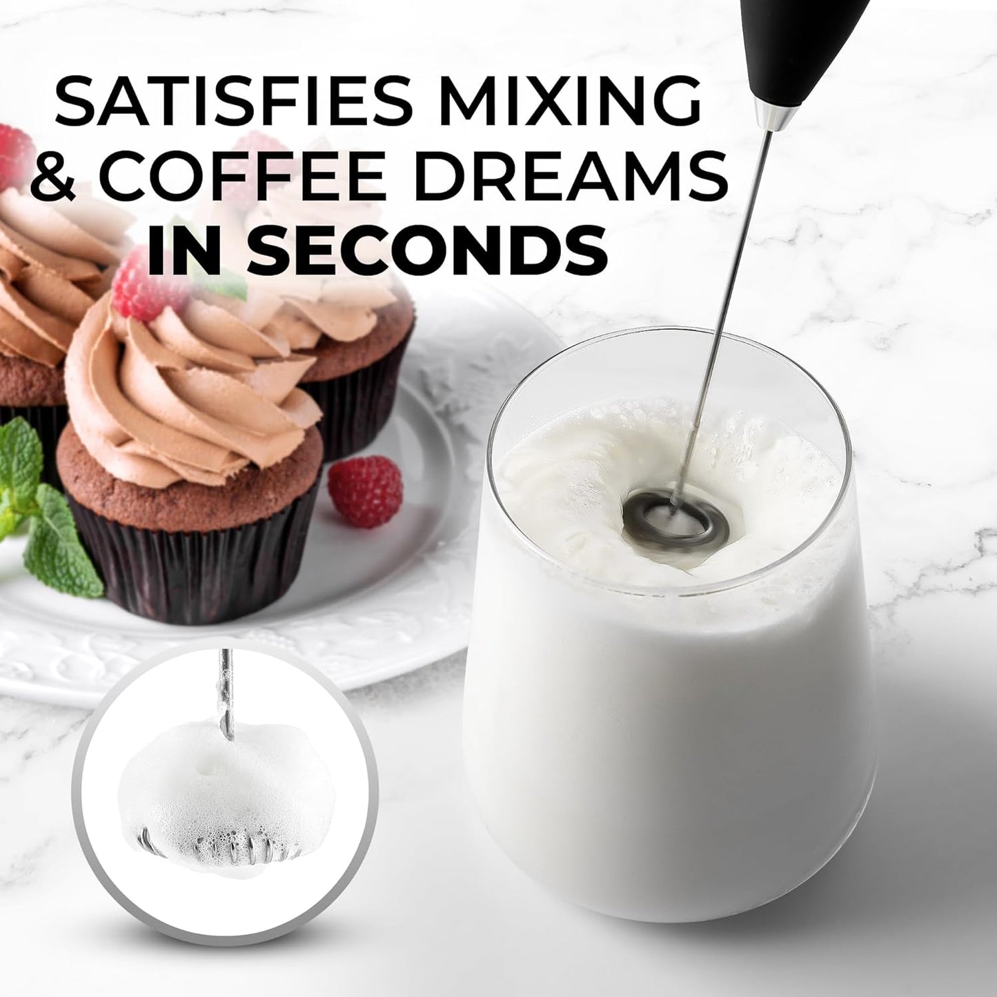 Zulay Kitchen Milk Frother - Handheld Electric Whisk for Lattes, Matcha & More - Durable Stainless Steel - Black