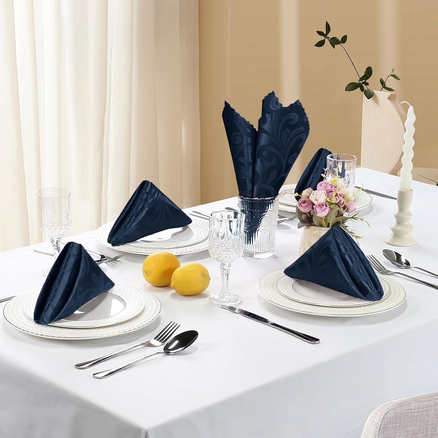 Aormenzy Navy Blue Satin Napkins - 50 Pack, 17 x 17 Inches, Elegant Floral Design