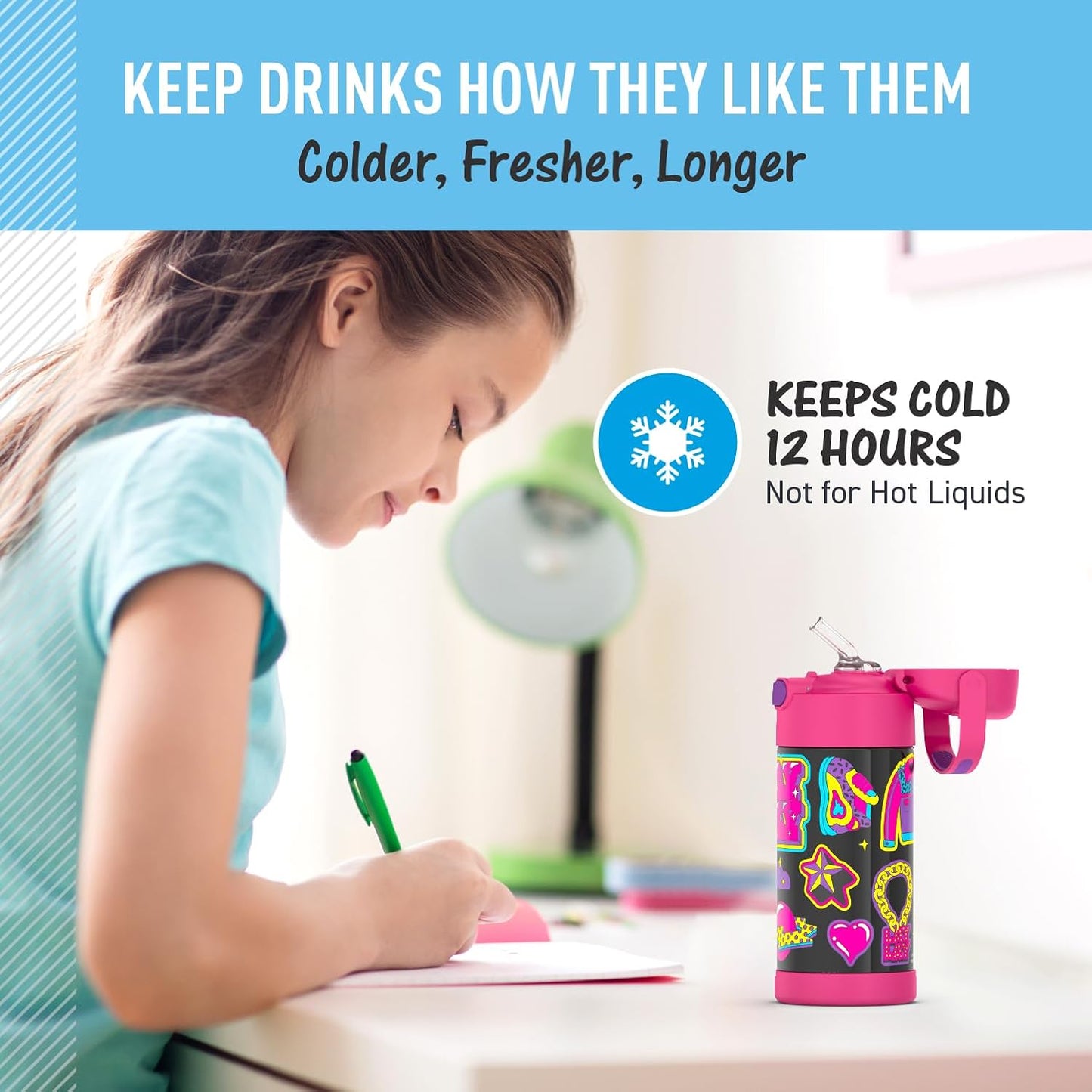 THERMOS FUNTAINER 12 Ounce Stainless Steel Kids Straw Bottle - Vacuum Insulated Design