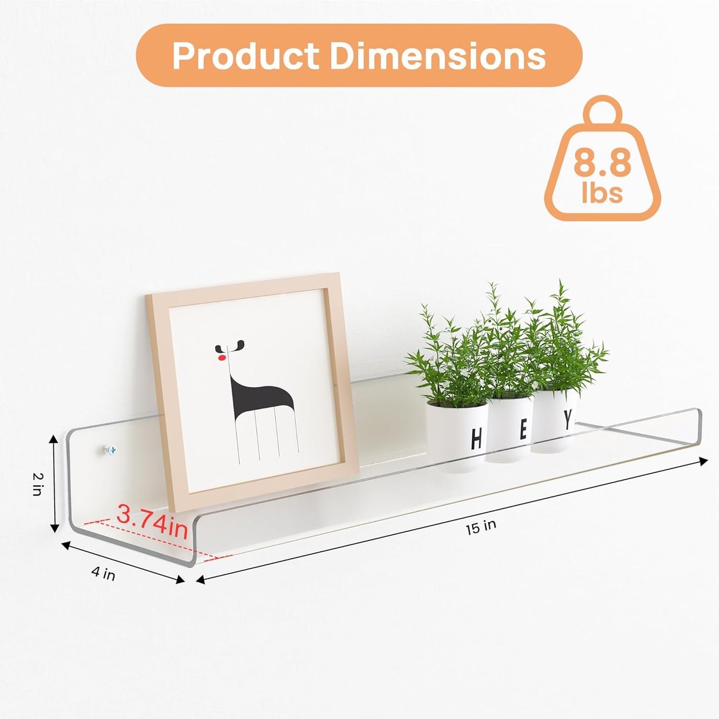 Upsimples 6 Pack Acrylic Floating Shelves - 15" x 4" Wall Storage for Kids' Rooms & Home Decor | Clear Display Shelf