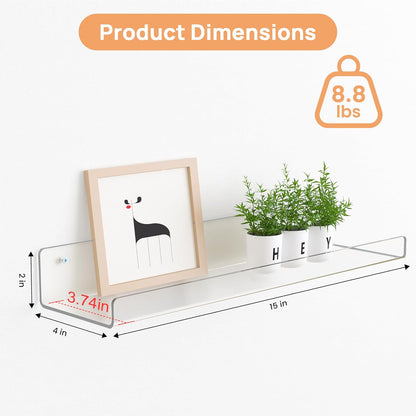 Upsimples 6 Pack Acrylic Floating Shelves - 15" x 4" Wall Storage for Kids' Rooms & Home Decor | Clear Display Shelf