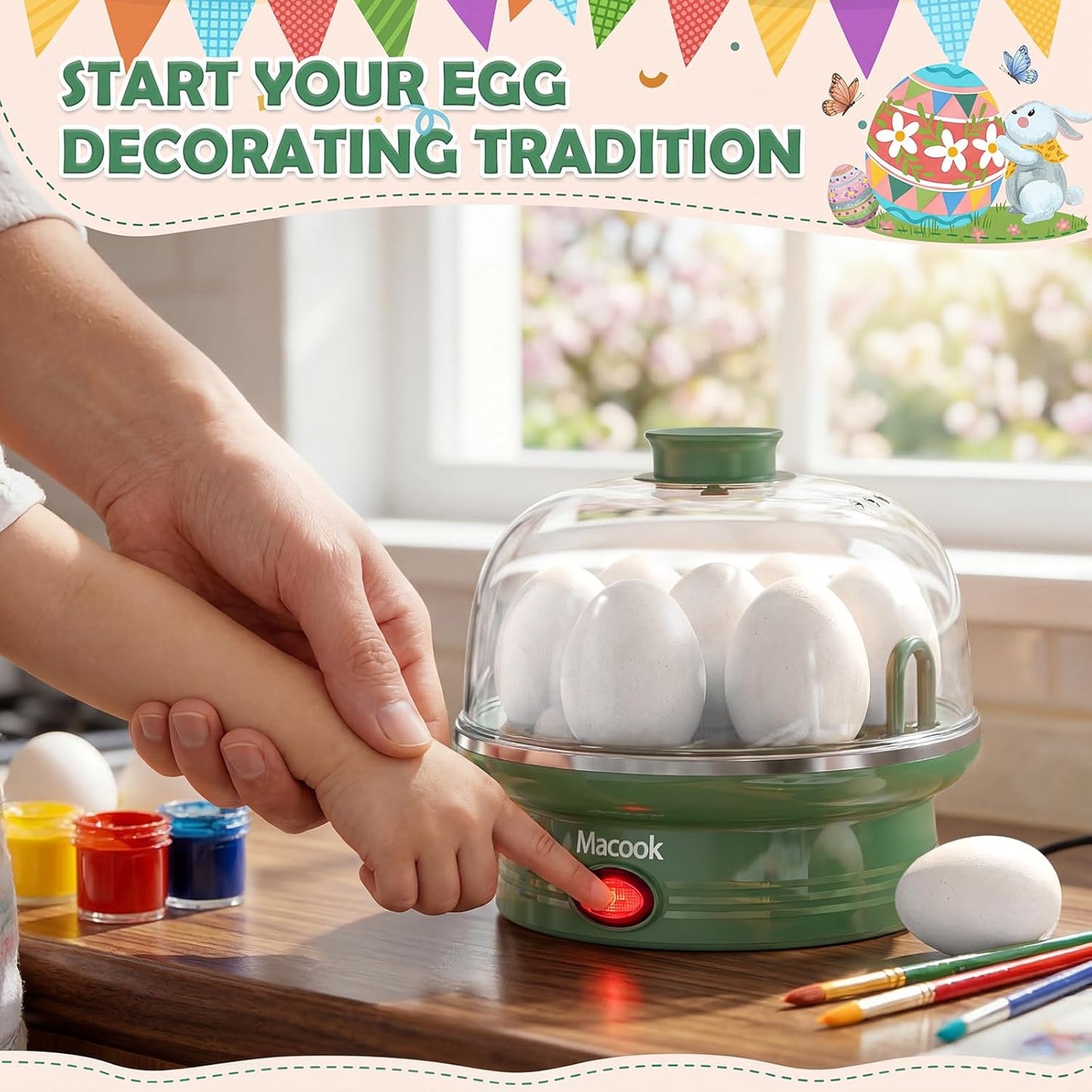 Skiennix Electric Egg Cooker - 7 Egg Capacity with Auto Shut-Off | Spring Green Hard Boiled Egg Maker